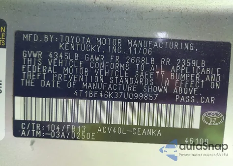 2007 Toyota Camry Le from USA, damaged, VIN 4T1BE46K37U099857